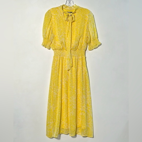 DKNY Yellow/White Floral Tie-Neck Smock Waist/Cuff Career Cottage Midi Dress 4 - Picture 2 of 16